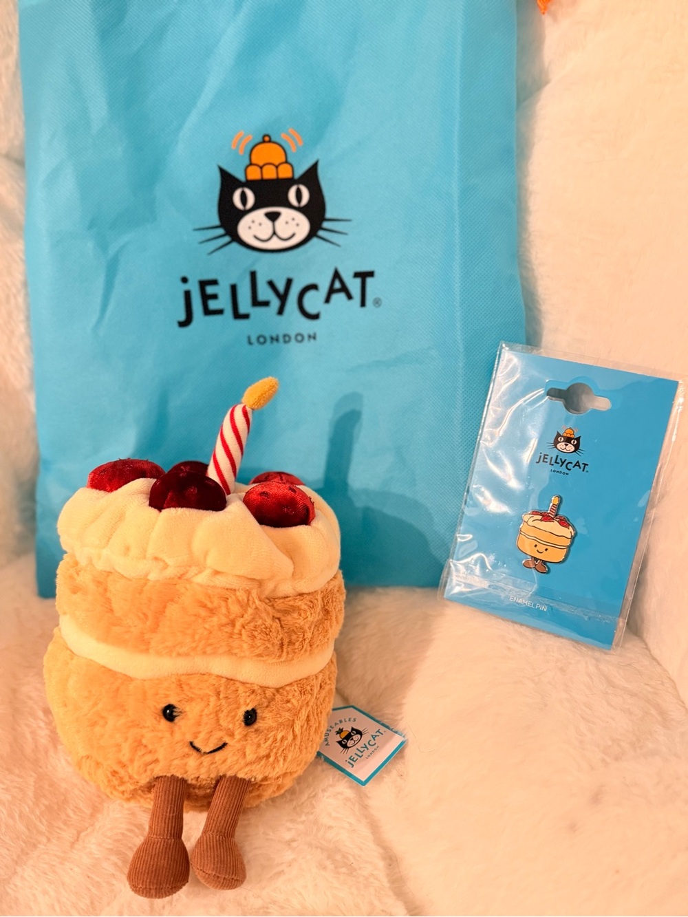 Jellycat  birthday Plush with strawberry & Candle - Tan/Cream/Red